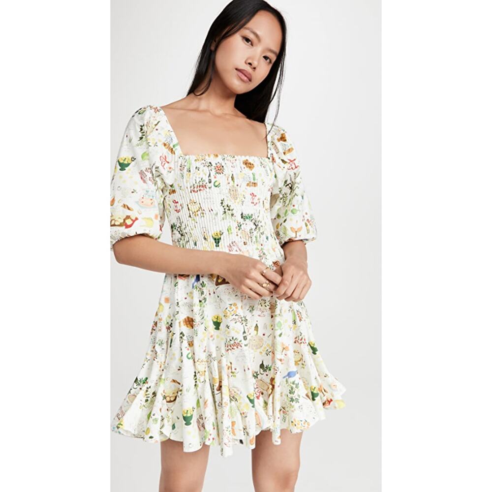 Rhode White Picnic Food Astrid Smocked Ruffle Puff Sleeve Dress Large